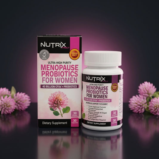 Nutrix Pro Menopause Probiotics, frasco y caja de 30 capsulas