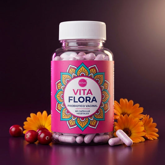 Vita Flora probiótico vaginal en cápsulas vegetales, frasco con arándano rojo y caléndula
