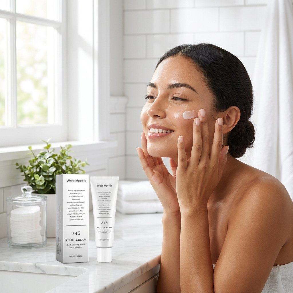 Mujer aplicando 345 Relief Cream en rostro piel luminosa hidratada suave resultado