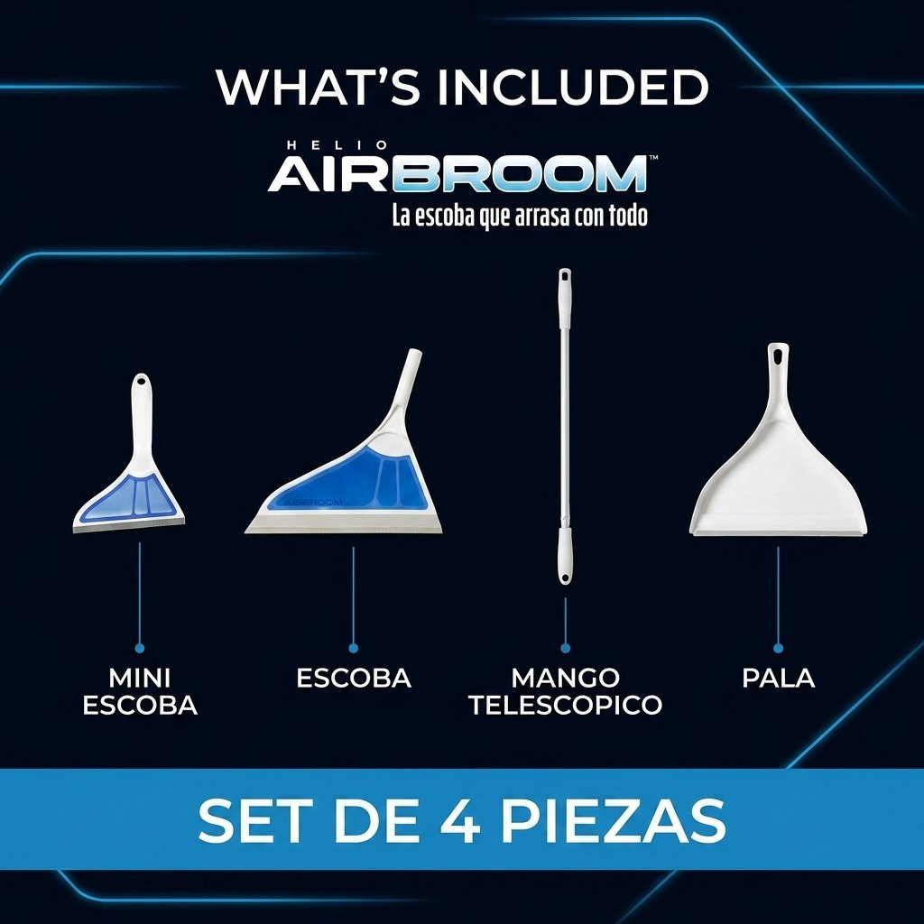 Helio AirBroom set 4 piezas escoba mini escoba mango telescópico pala qué incluye