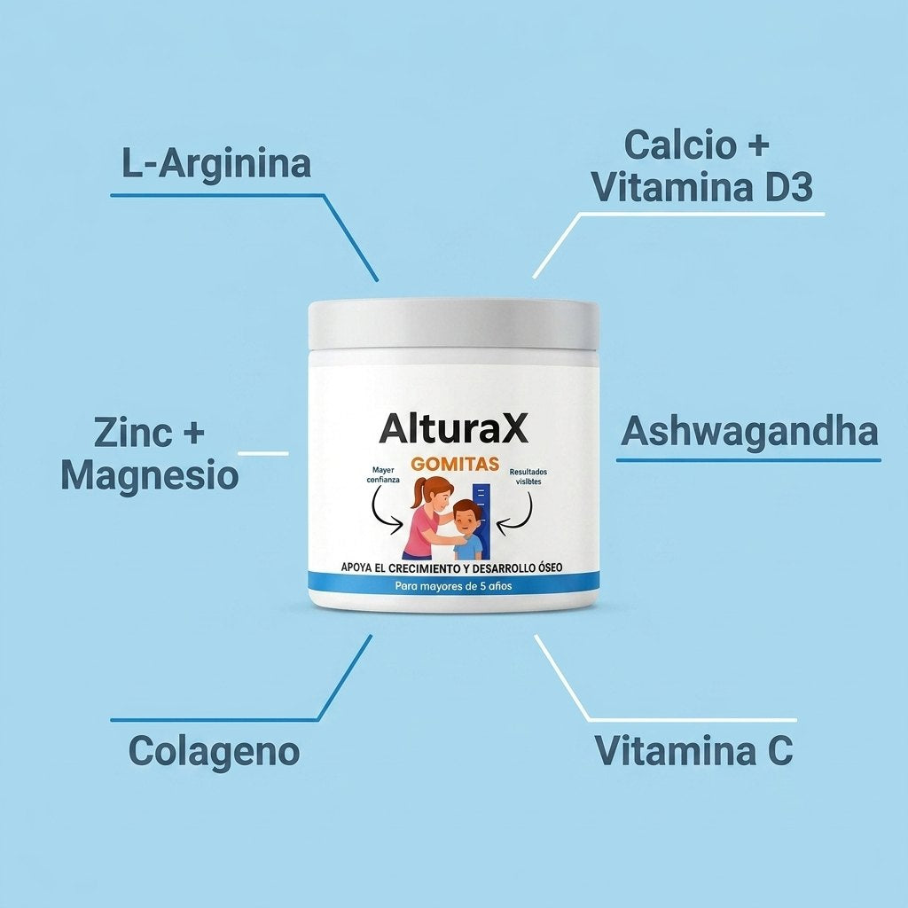 Fórmula AlтuraX 10 ingredientes activos L-Arginina Colágeno Calcio Magnesio Zinc Vitamina D3 Ashwagandha
