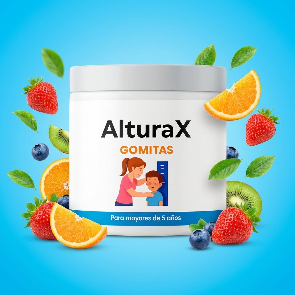 AlтuraX gomitas crecimiento frasco blanco fondo azul frutas naturales para niños y adolescentes