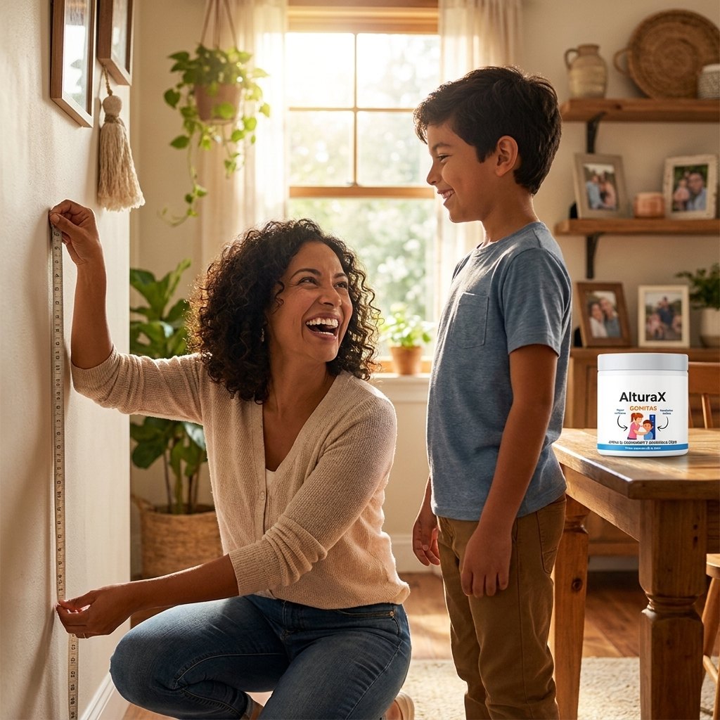 Madre midiendo estatura de su hijo feliz desarrollo crecimiento natural con AlтuraX