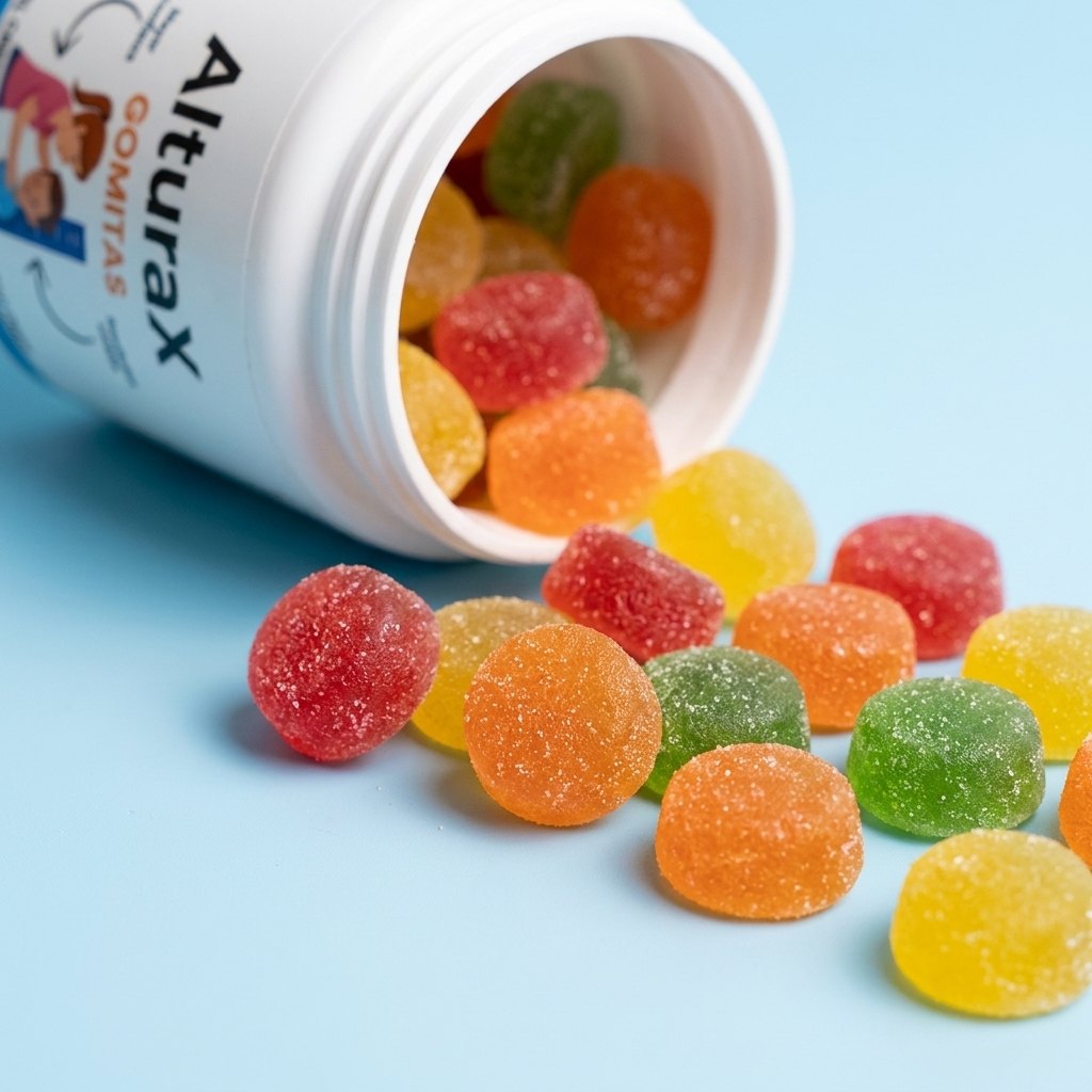 Detalle gomitas AlтuraX sabor frutal colores ingredientes naturales L-Arginina Calcio Vitamina D3