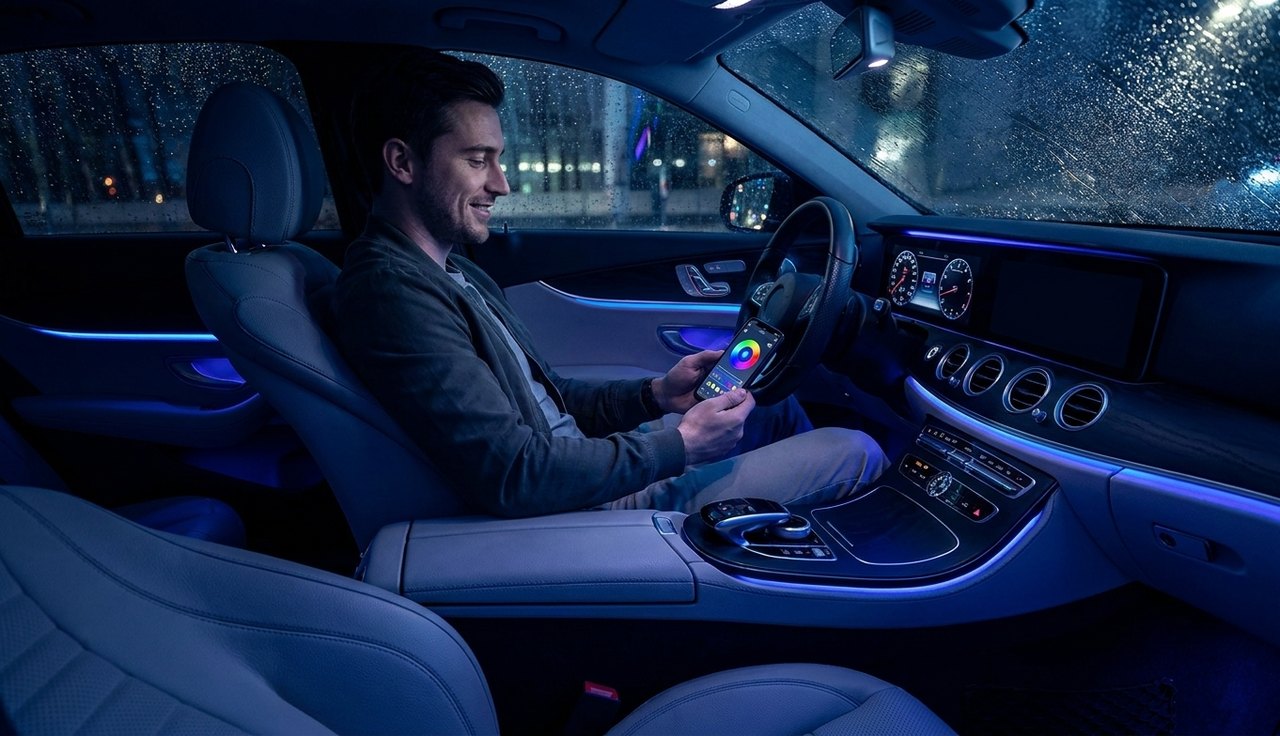 Hombre controlando colores RGB del interior de su auto desde la app Bluetooth de noche