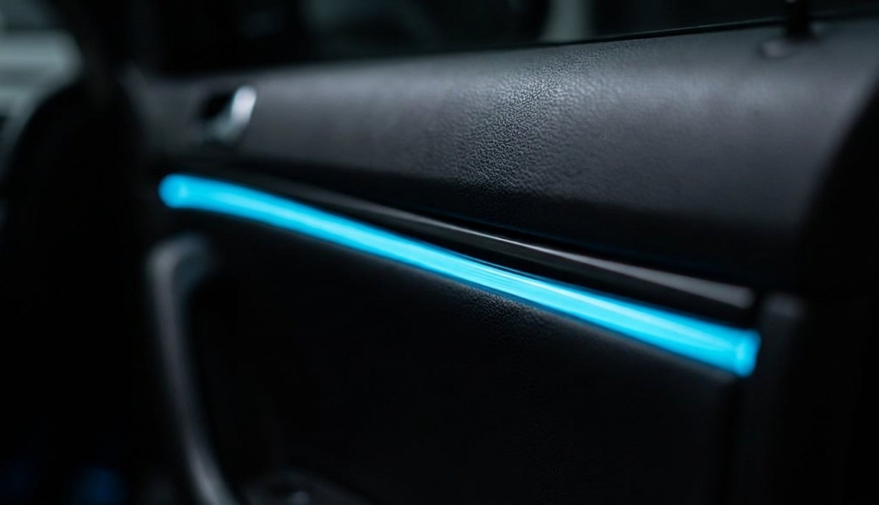 Fibra óptica AMBIX instalada en panel de puerta — línea continua cyan sin puntos LED visibles