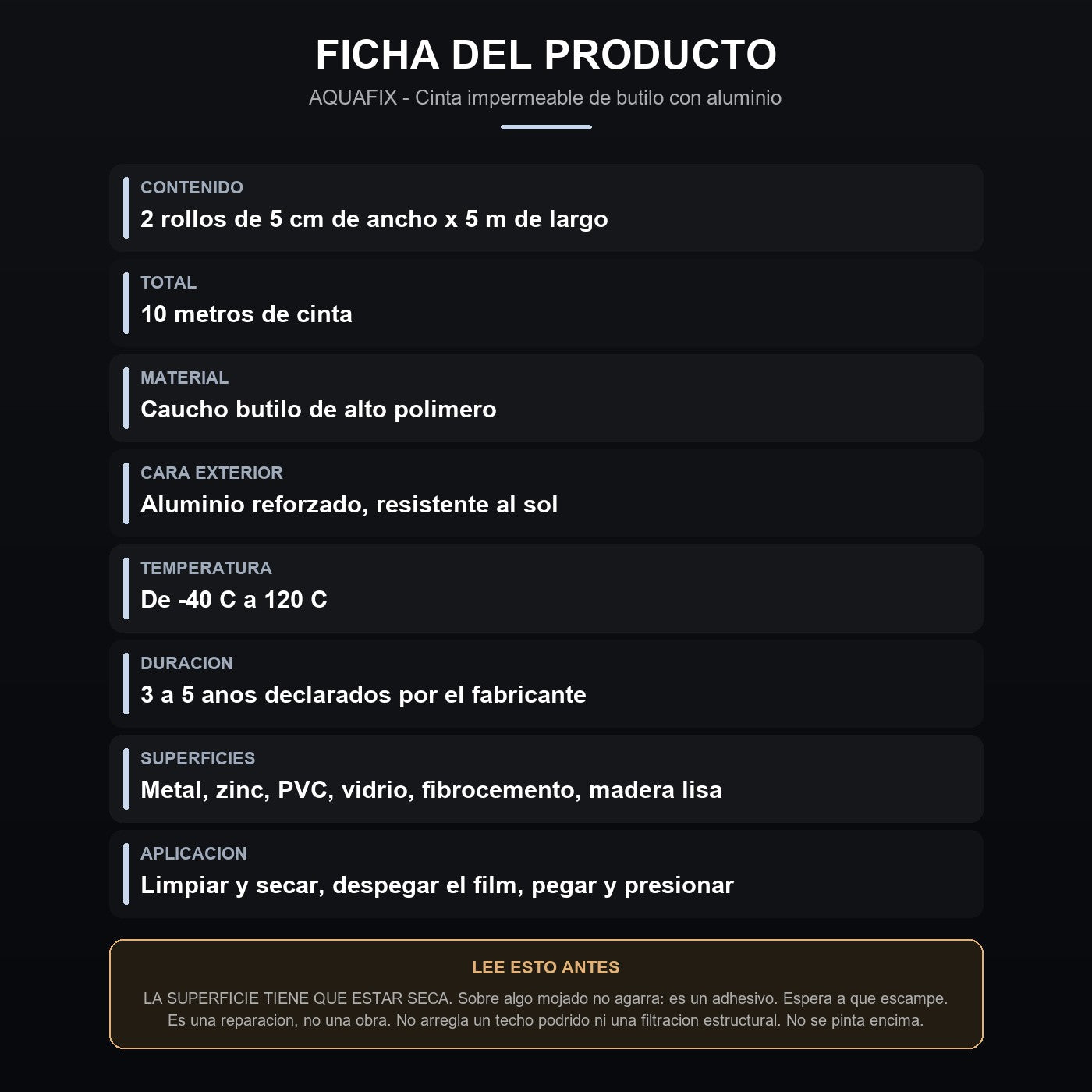 Ficha: medidas, material, temperatura y que esperar