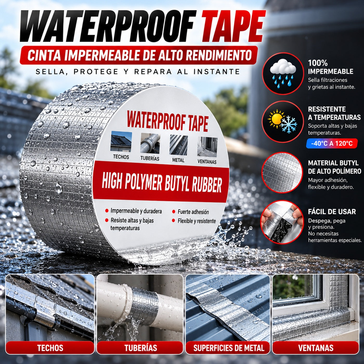 Cinta impermeable de butilo con cara de aluminio