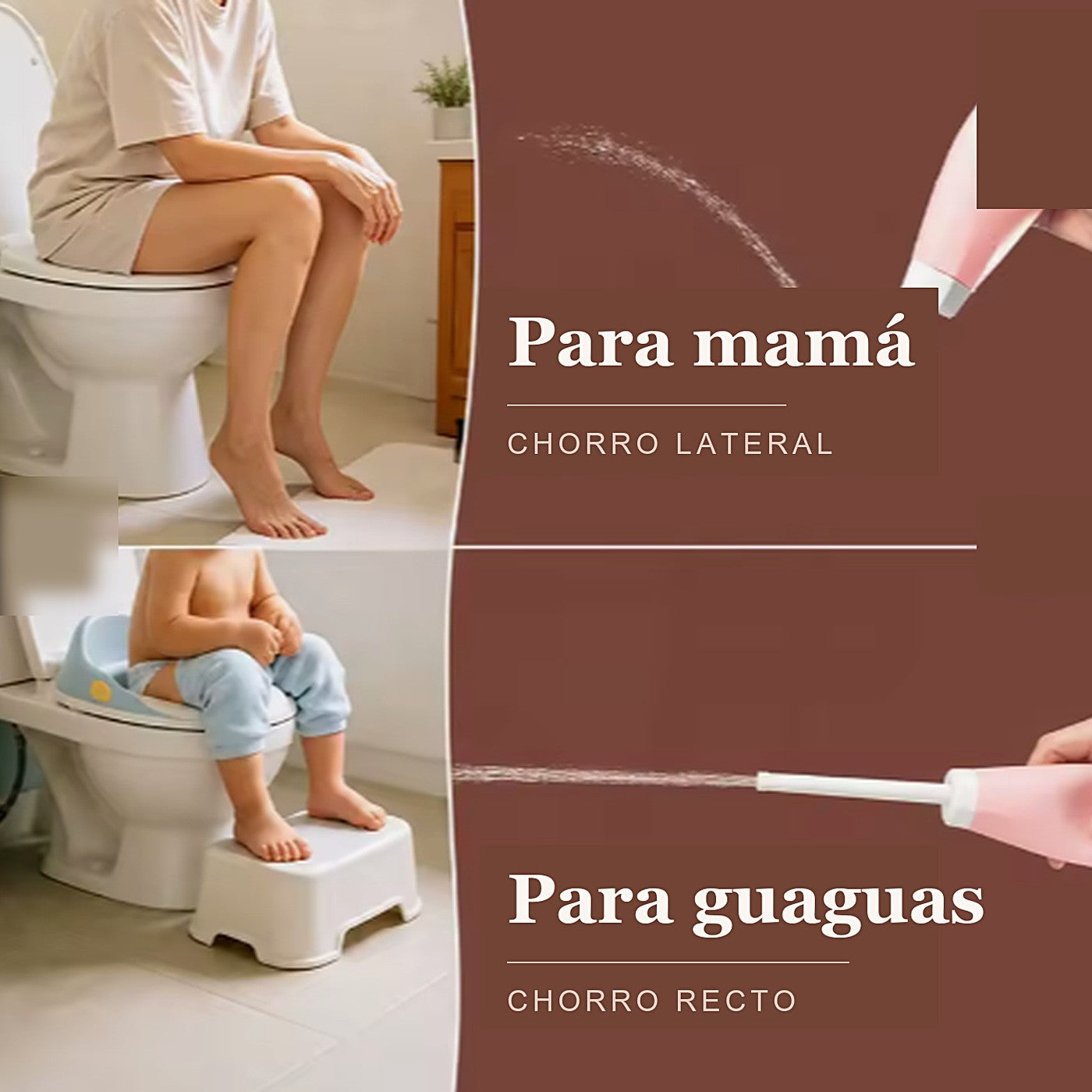Chorro lateral para adultos y chorro recto para guaguas