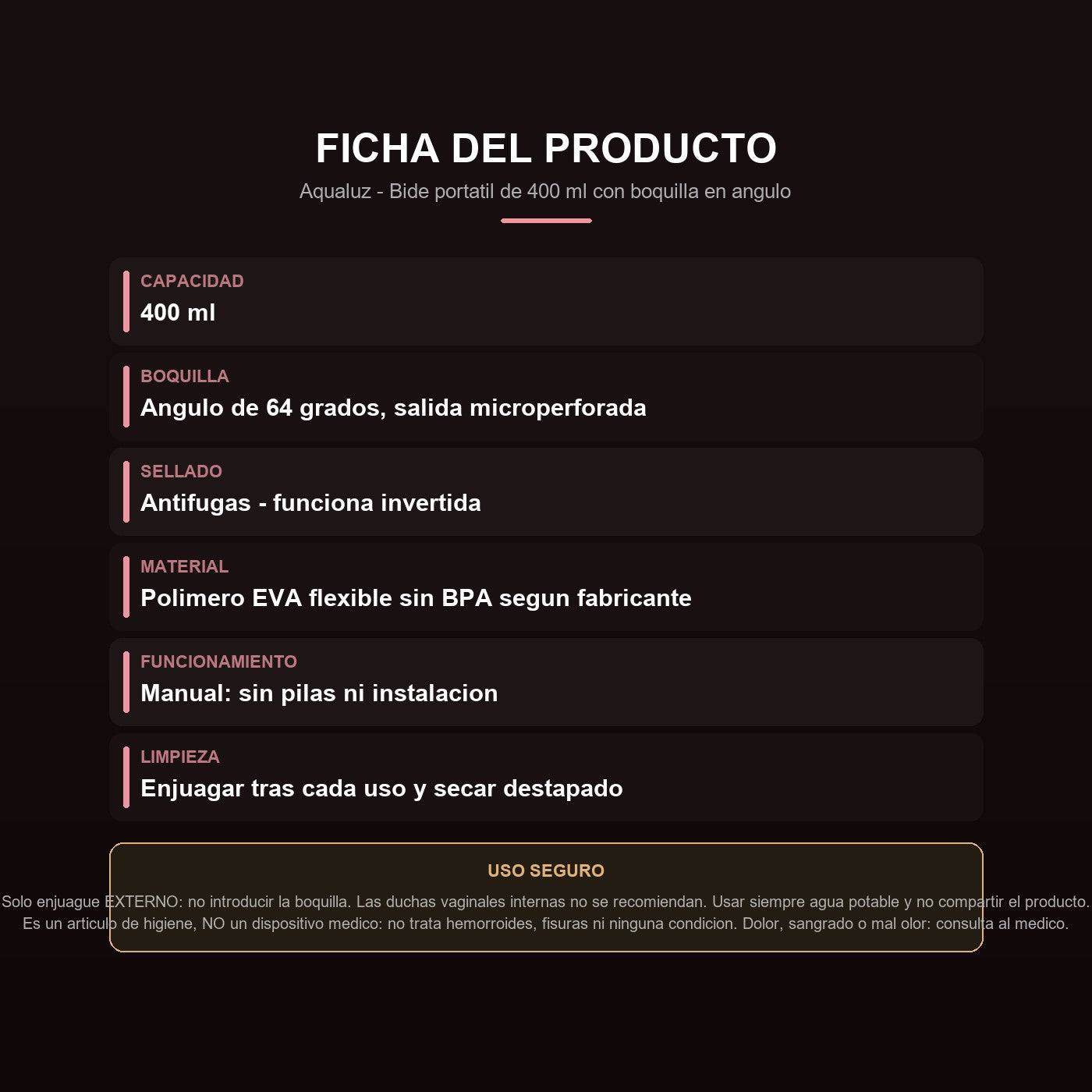 Ficha: capacidad, material, uso seguro e higiene