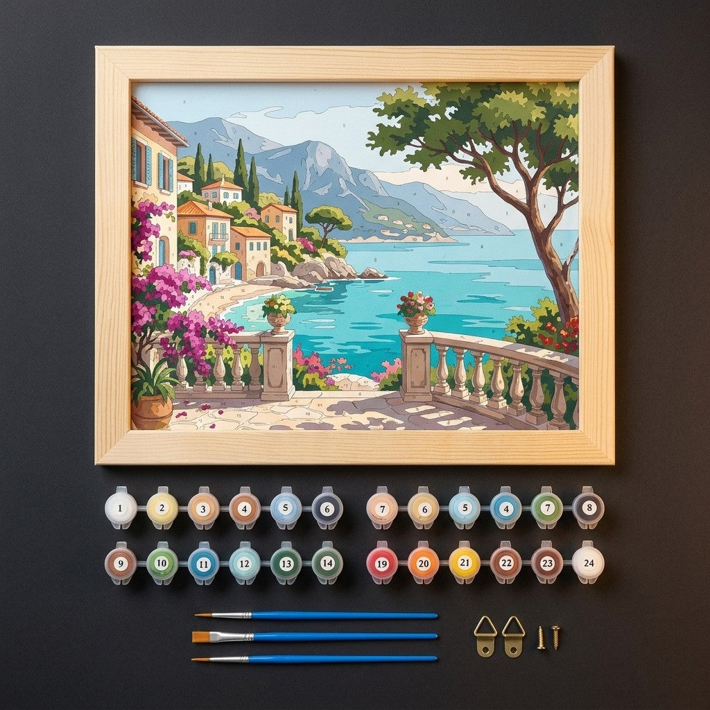 Contenido del kit ARTELIA: lienzo con bastidor, 24 pinturas, 3 pinceles y ganchos