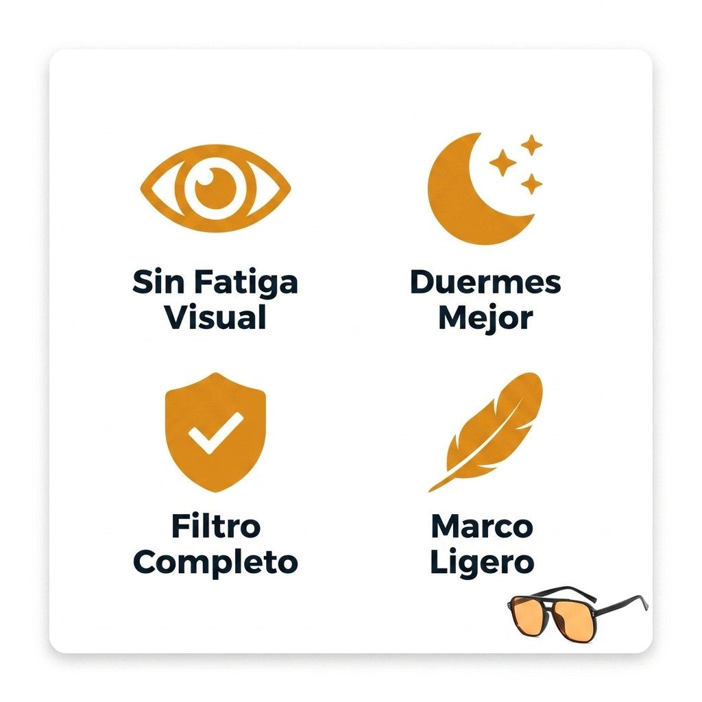 Beneficios AuraLens Sin Fatiga Visual Duermes Mejor Filtro Completo Marco Ligero