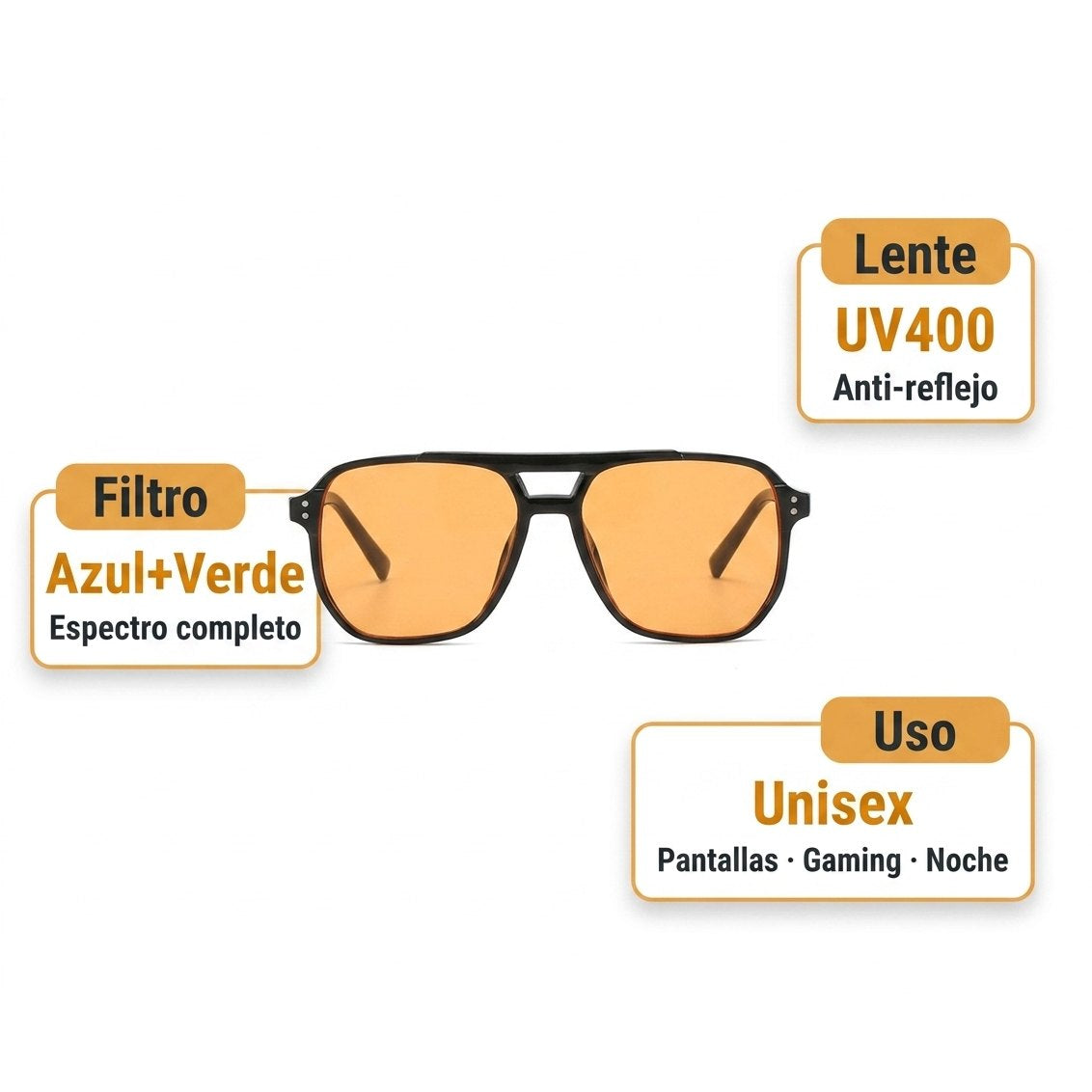Especificaciones AuraLens filtro azul verde UV400 anti-reflejo marco ligero unisex
