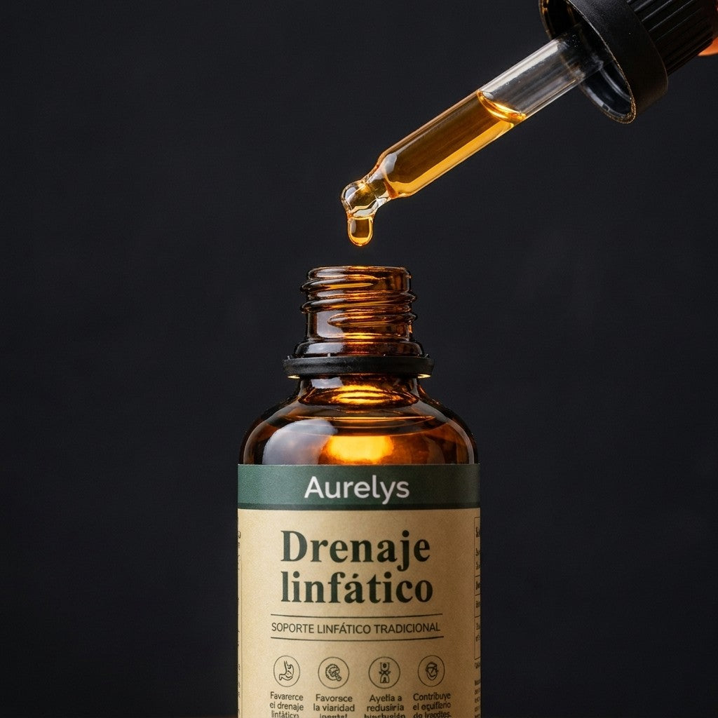 Detalle del gotero Aurelys con una gota de extracto liquido de plantas