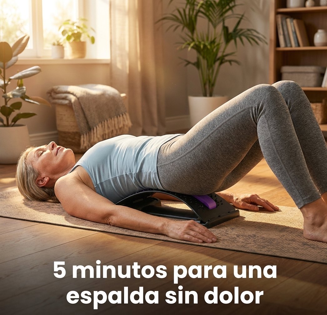 Mujer usando estirador lumbar BACKZEN sobre colchoneta de yoga — 5 minutos para una espalda sin dolor