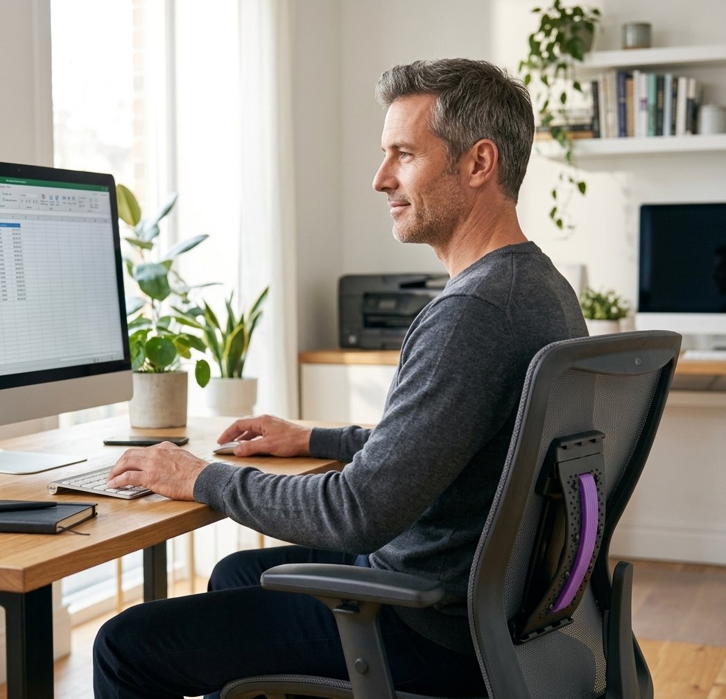 Hombre usando BACKZEN como soporte lumbar en silla de oficina