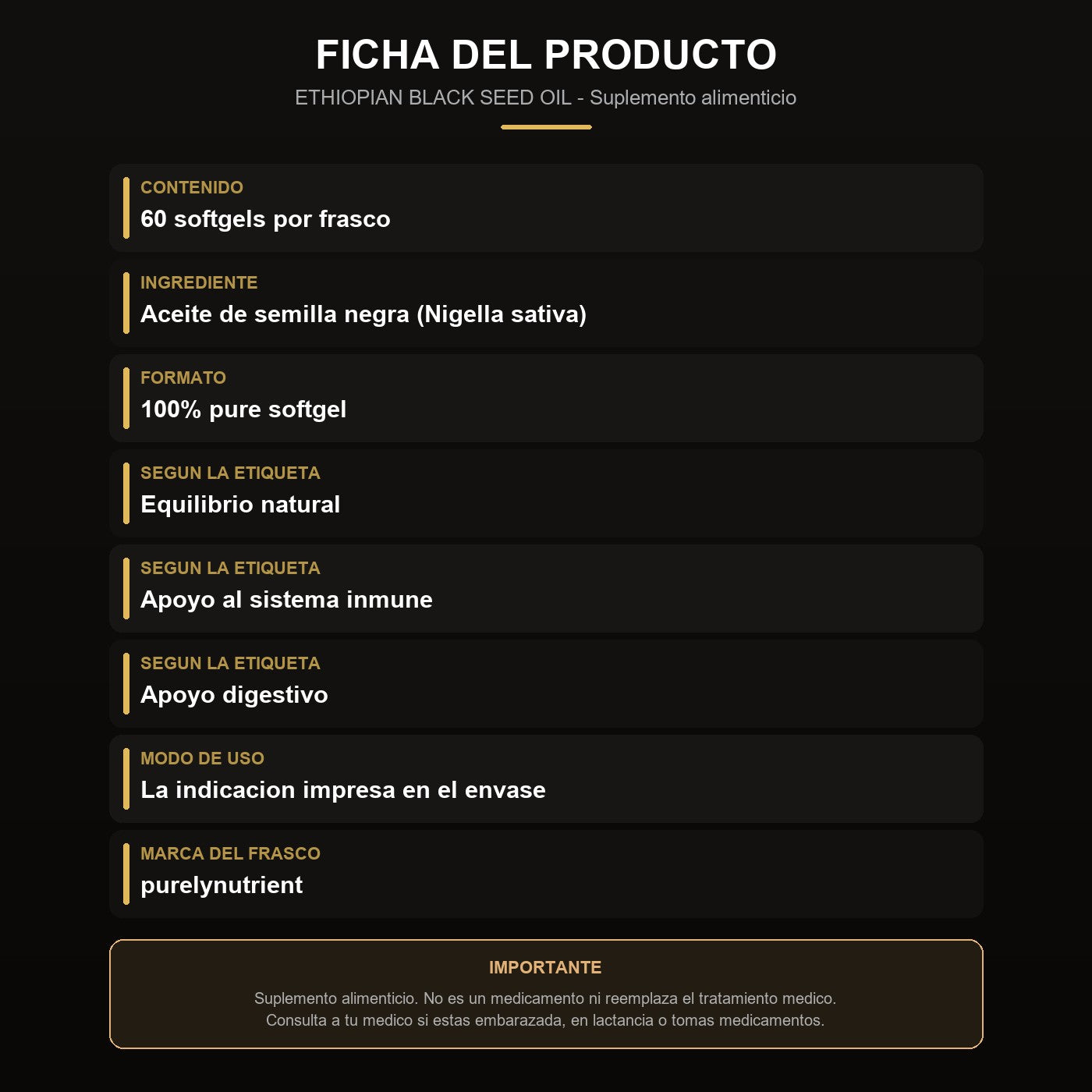 Ficha: 60 softgels, aceite de semilla negra, información del envase