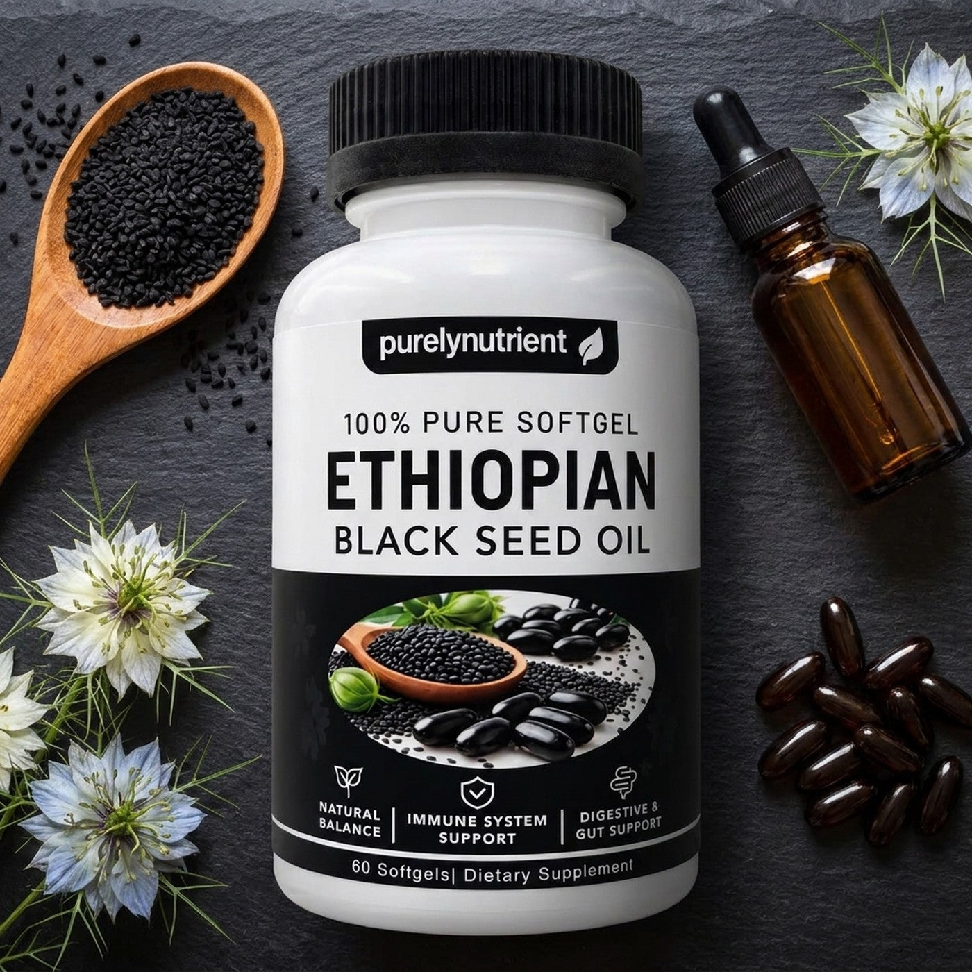 Frasco de aceite de semilla negra con semillas, flores y softgels