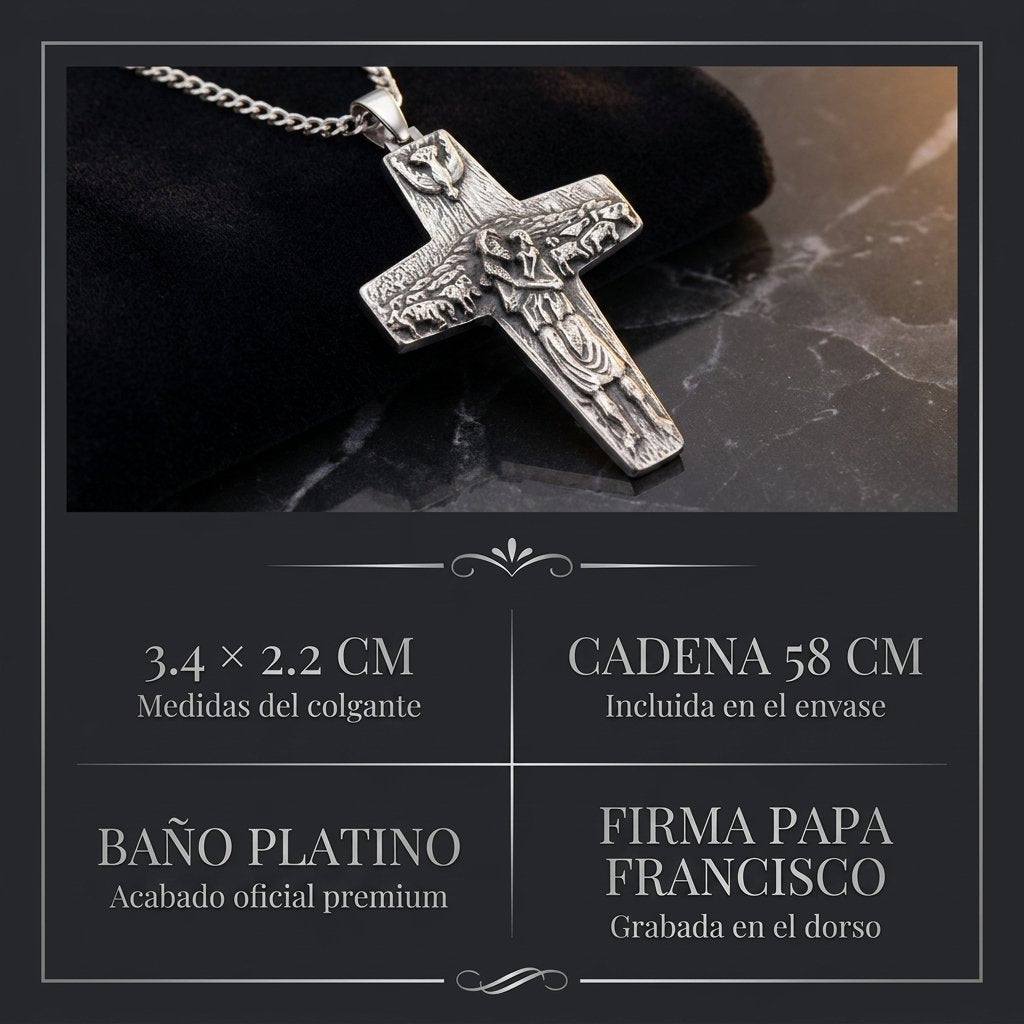 Especificaciones Cruz Buen Pastor: 3.4x2.2cm, cadena 58cm, baño platino, firma Papa Francisco