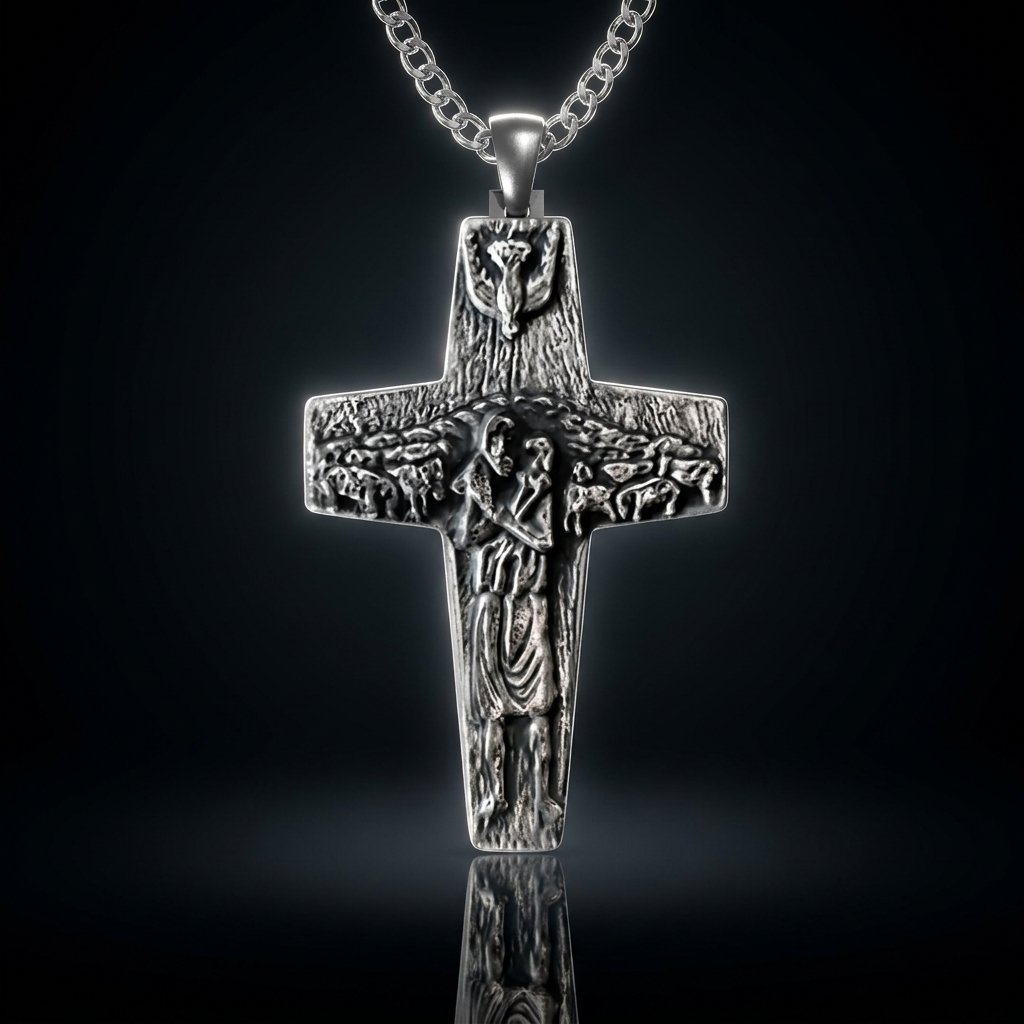Cruz Buen Pastor Platino con cadena 58cm réplica oficial Papa Francisco fondo oscuro