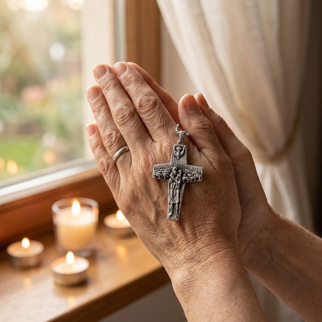 Persona en oración sosteniendo la Cruz Buen Pastor platino momento de fe y esperanza