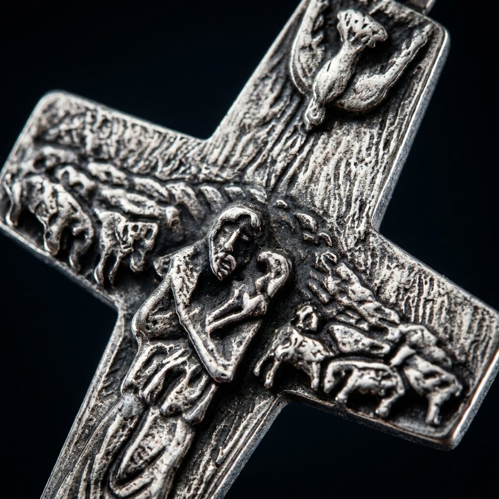 Detalle bajo relieve Cruz Buen Pastor platino Jesús buen pastor con ovejas