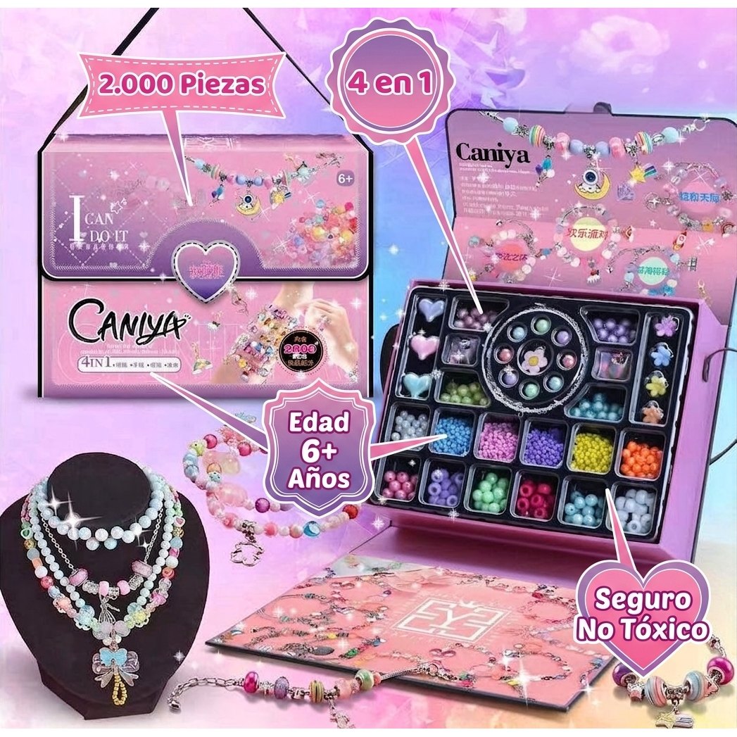 Especificaciones CANIYA 2000 piezas 4en1 collares pulseras anillos cabello edad 6 años caja 18x22cm
