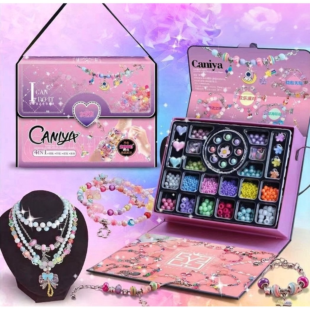 CANIYA kit fabricación joyas niñas 2000 piezas caja rosa collares pulseras anillos regalo creativo