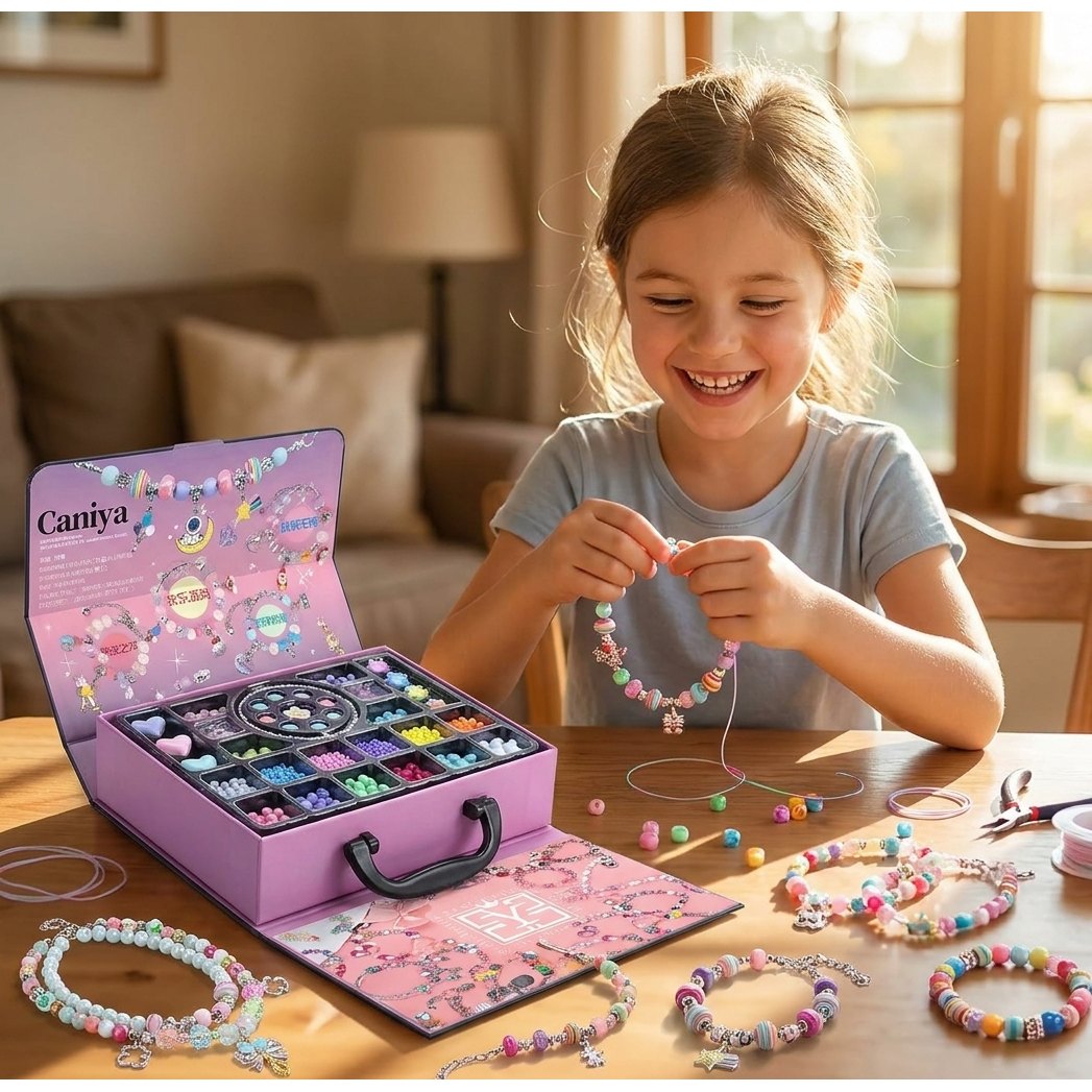 Niña creando collares y pulseras con kit CANIYA joyas cuentas colores actividad creativa en casa