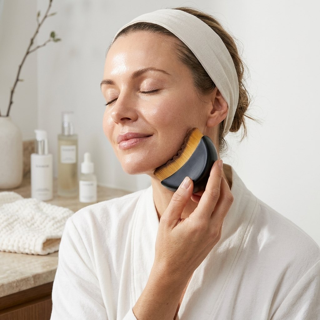 Mujer realizando masaje de drenaje linfático facial con cepillo LUMINAE
