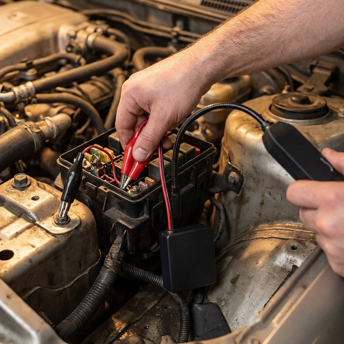 Conectando las pinzas del transmisor al circuito del auto