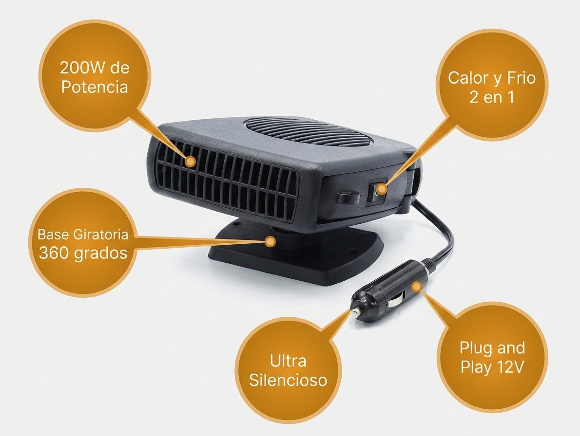 Especificaciones CLARIX: 200W, calor y frio 2 en 1, base 360 grados, Plug and Play 12V