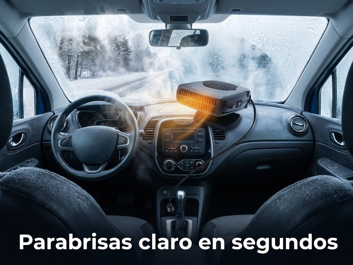 Calefactor CLARIX en tablero del auto desempañando parabrisas en invierno