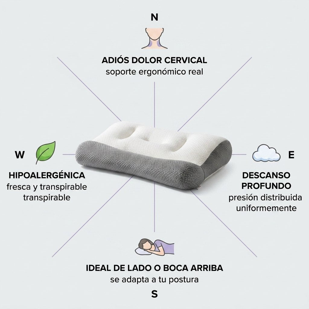 Beneficios: adiós dolor cervical, descanso profundo, ideal de lado o boca arriba, hipoalergénica