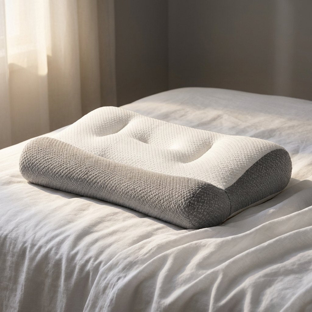Almohada cervical ergonómica ComfortSleep sobre cama blanca