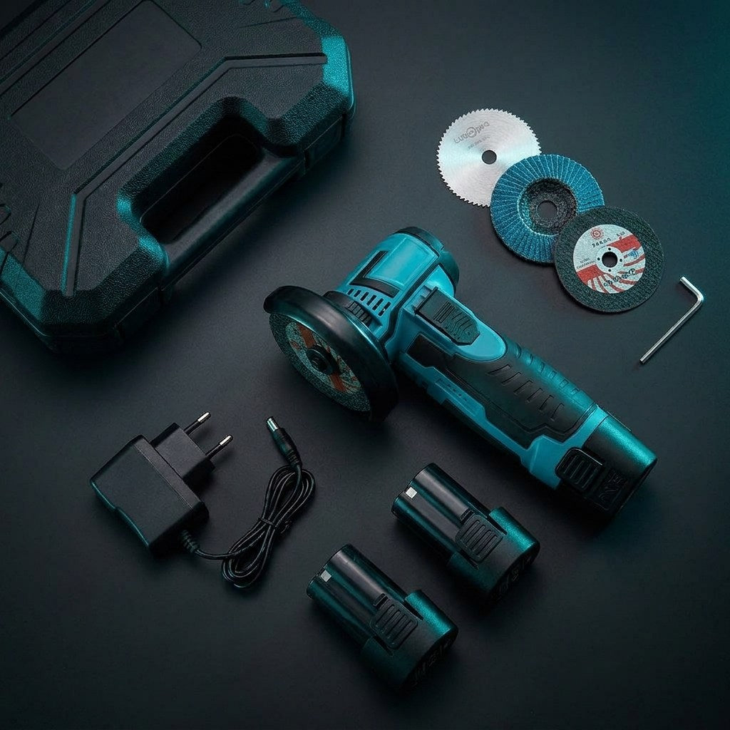 Accesorios incluidos con la amoladora CORVEX maletin 3 discos cargador y llave