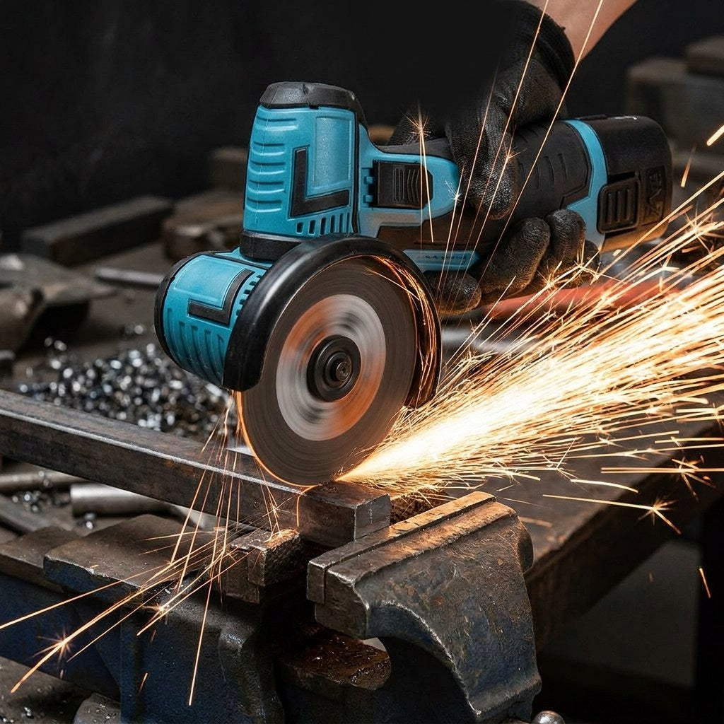 Amoladora CORVEX cortando una barra de acero con chispas en el taller