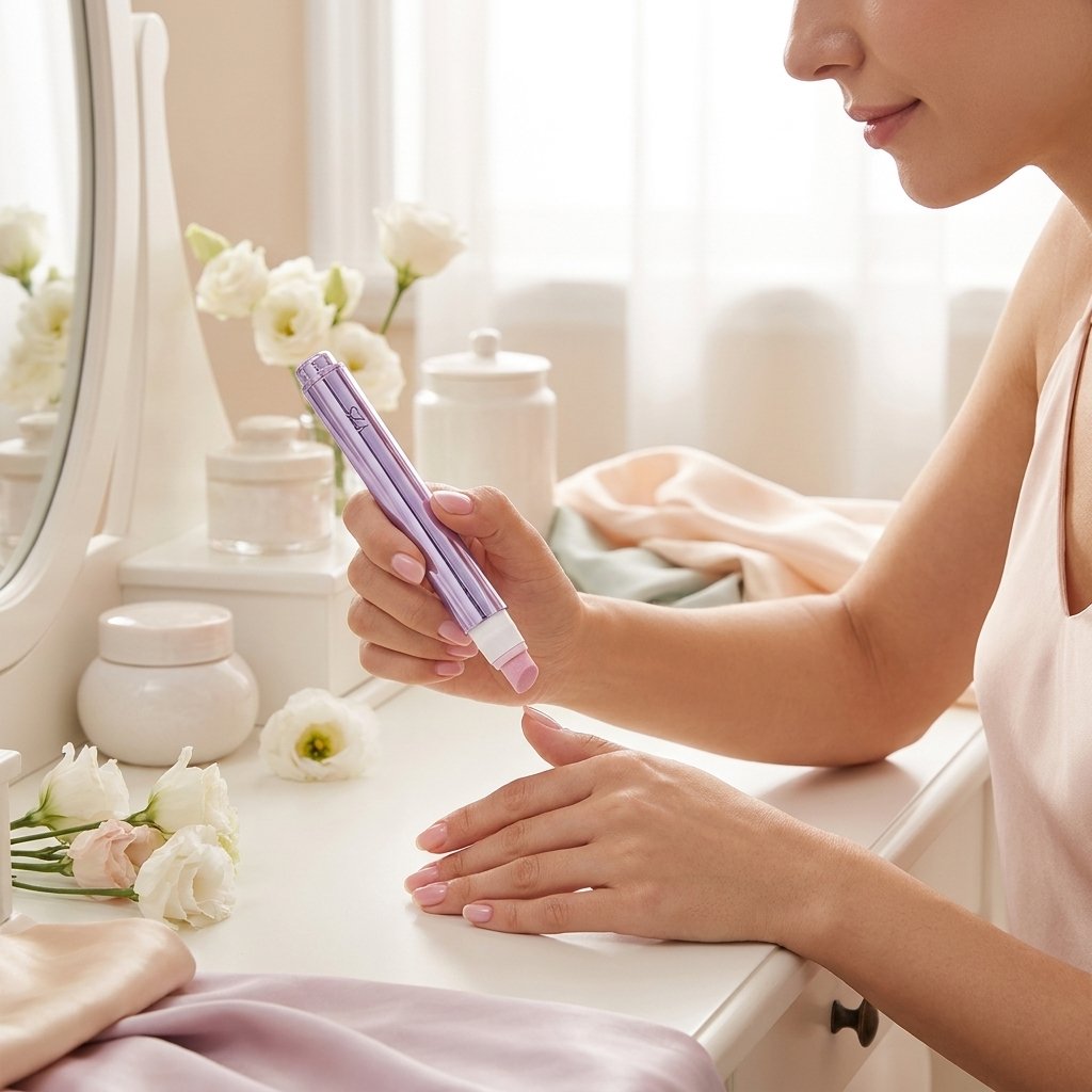Mujer usando CutiPen manicura en casa uñas perfectas cutículas hidratadas manos cuidadas