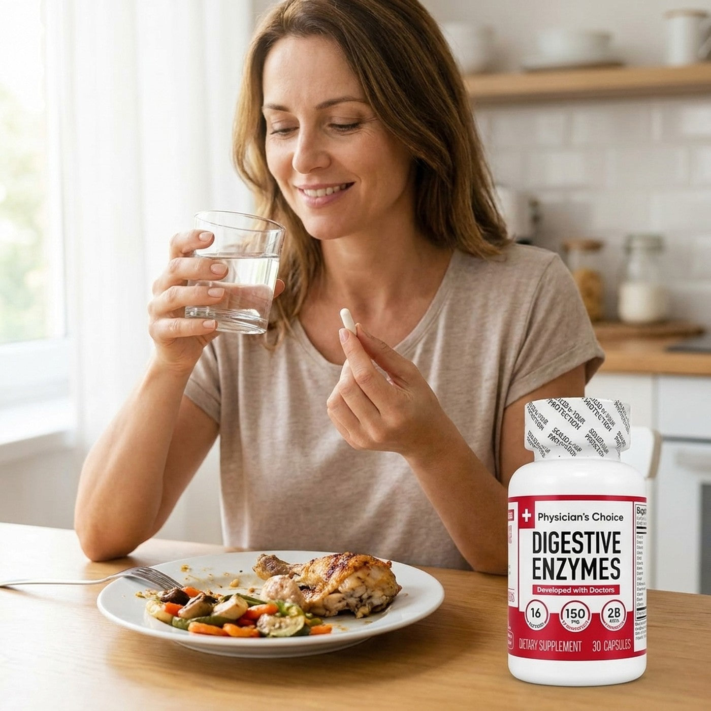 Tomando una capsula de Digestive Enzymes junto a la comida
