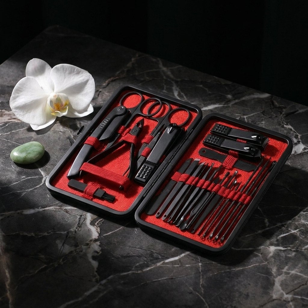 Set 18pcs Manicura Acero Inoxidable DOMA sobre mármol negro