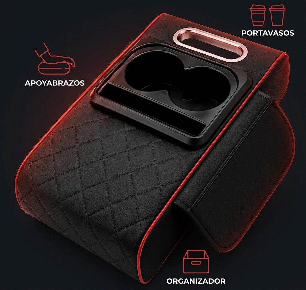 Drivax 3 en 1 apoyabrazos portavasos doble y organizador con bolsillo lateral