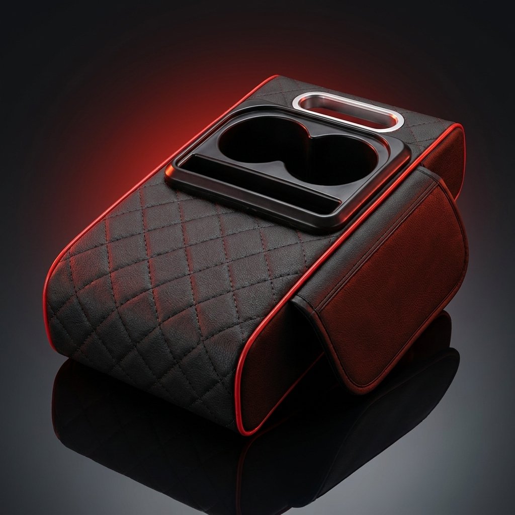 Drivax apoyabrazos universal para auto en cuero sintetico negro con costura rombo y vivo rojo