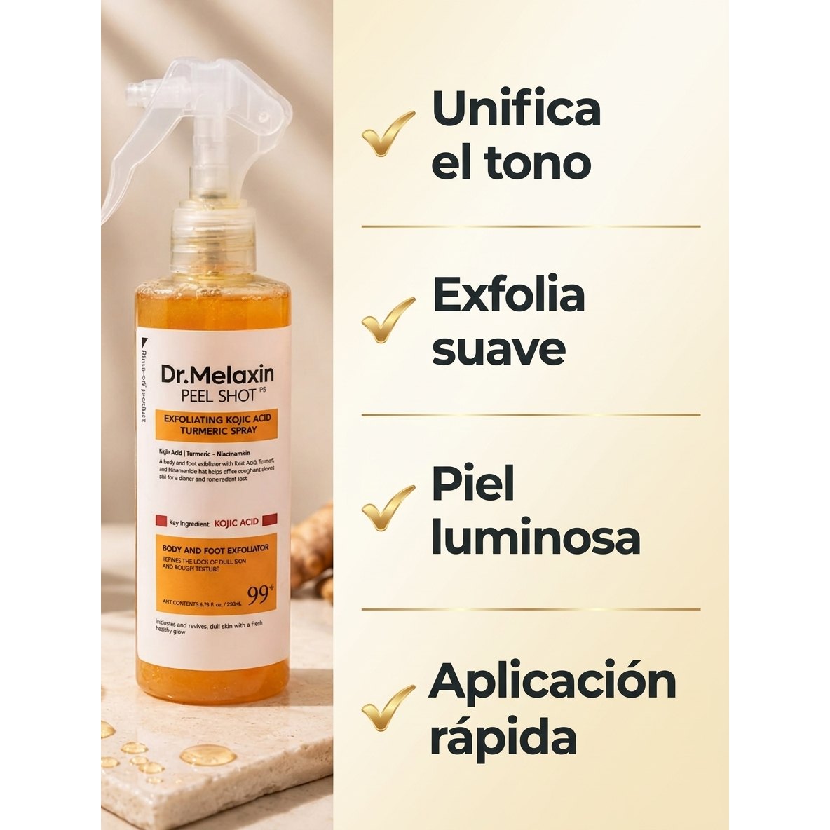 Beneficios Dr. Melaxin: Unifica el tono, Exfolia suave, Piel luminosa, Aplicación rápida