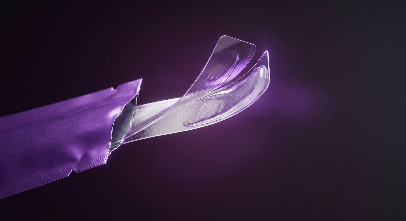 Detalle de una tira blanqueadora dental transparente flexible con gel adherente