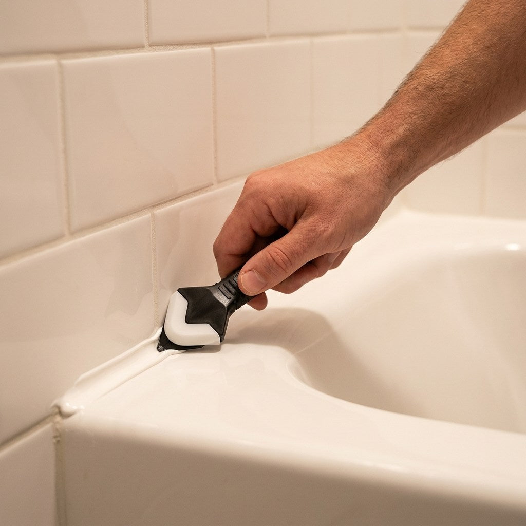 Usando el raspador FIXPRO para moldear la silicona nueva en la junta de la tina