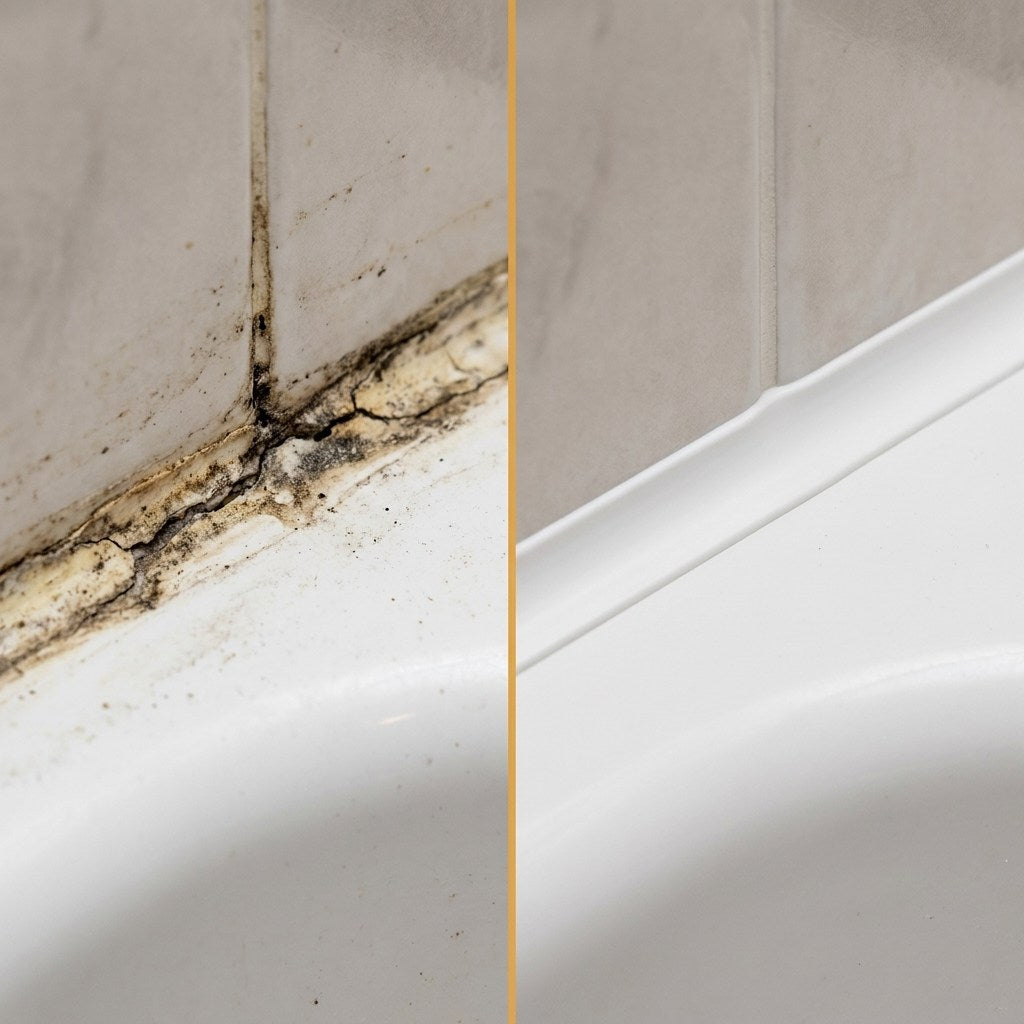 Antes y despues de resellar la junta de la tina con el kit FIXPRO silicona nueva y blanca
