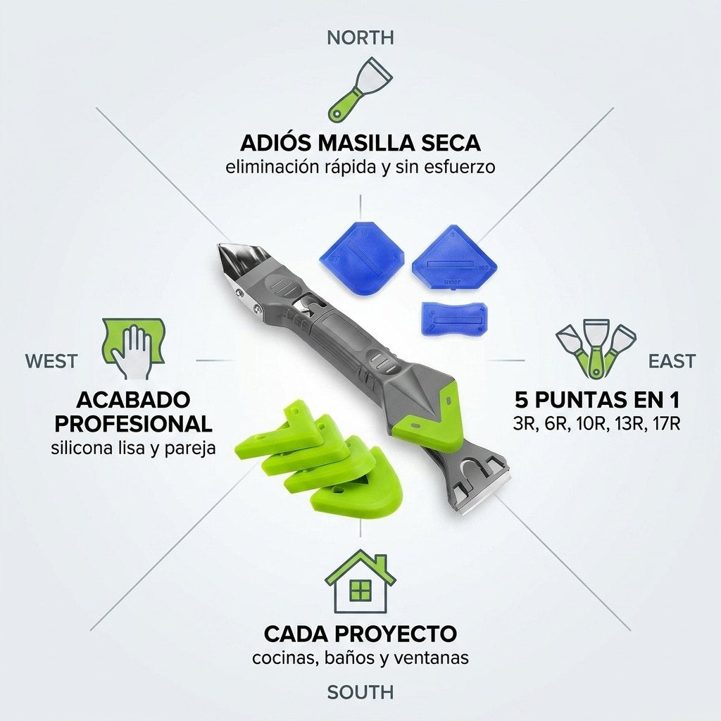 Beneficios: adiós masilla seca, 5 puntas en 1, cada proyecto, manejo preciso