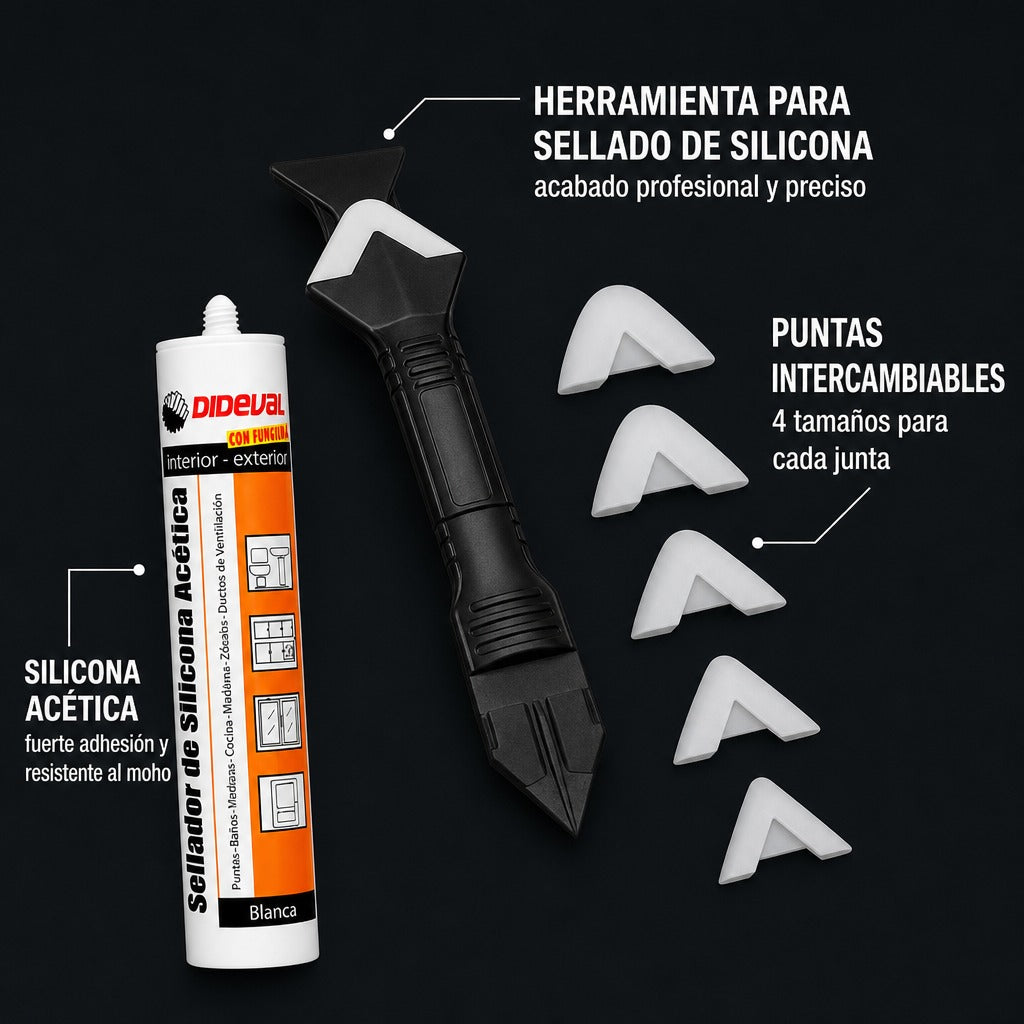 Kit FIXPRO sellador de silicona acetica Dideval y herramienta con puntas intercambiables