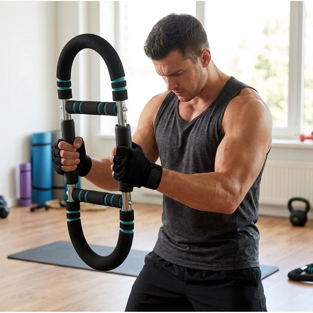 Hombre usando FlexBar barra ajustable ejercicios brazos biceps triceps pecho en casa entrenamiento