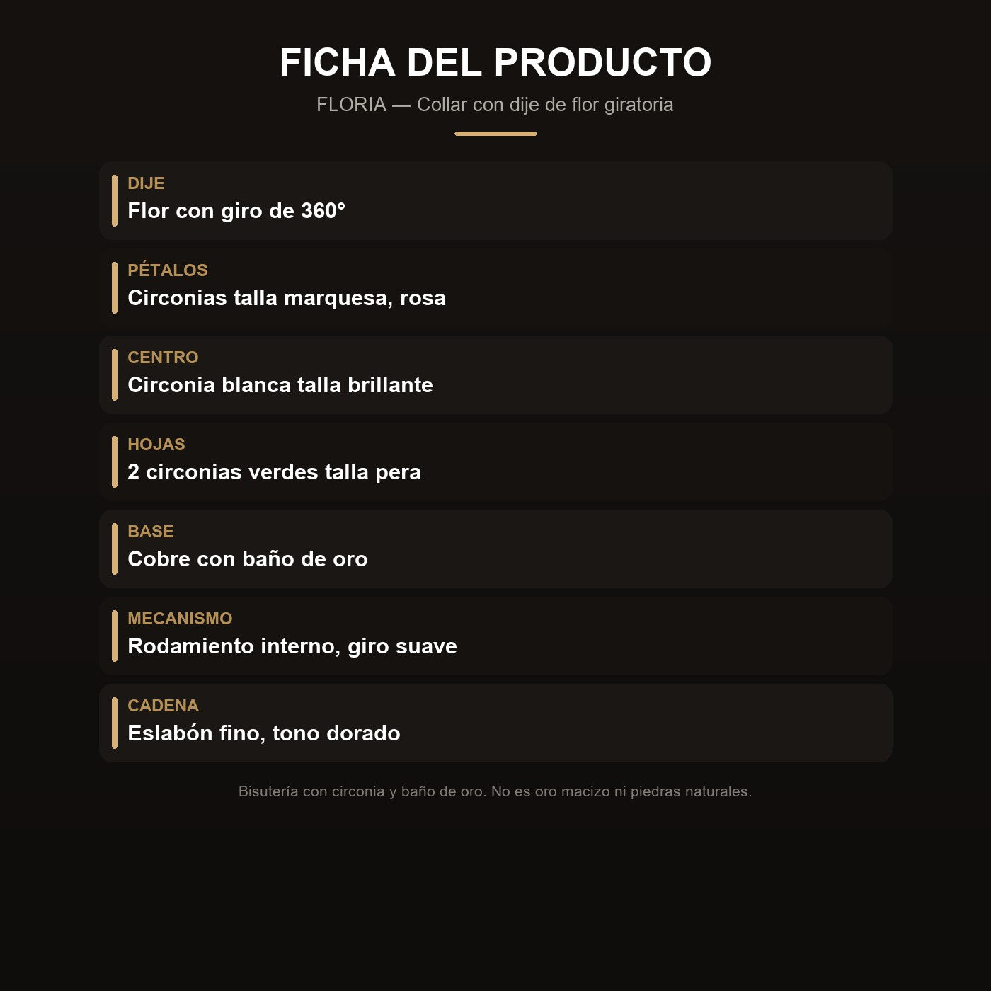 Ficha del collar FLORIA flor giratoria 360 grados con bano de oro